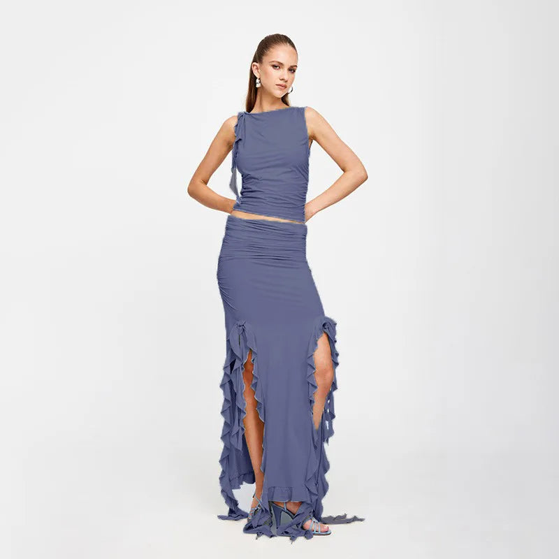 Fashion Party Ruffles Maxi Split Skirt