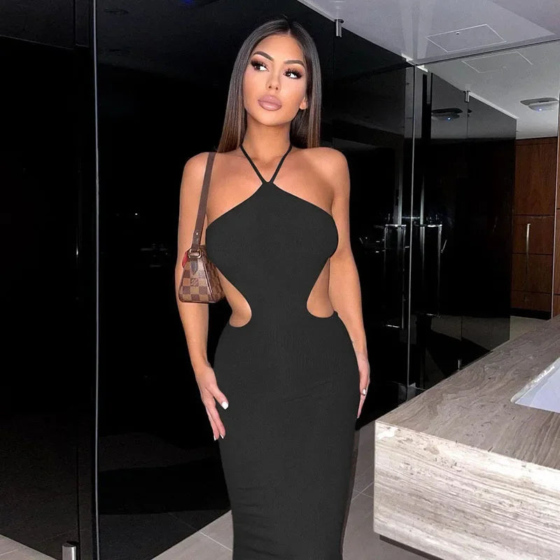 2024 Summer Halter For Women’s Sleeveless Backless Club Party Cutout Bandage Midi Dress Clothes