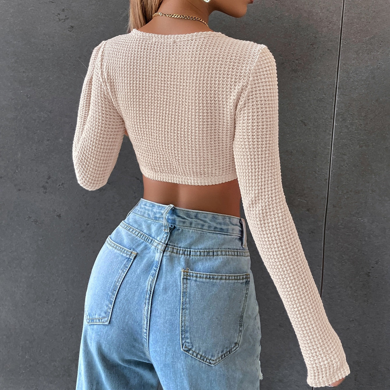 Long Sleeve Square Neck Knitted Crop Top Women Y2k T Shirts