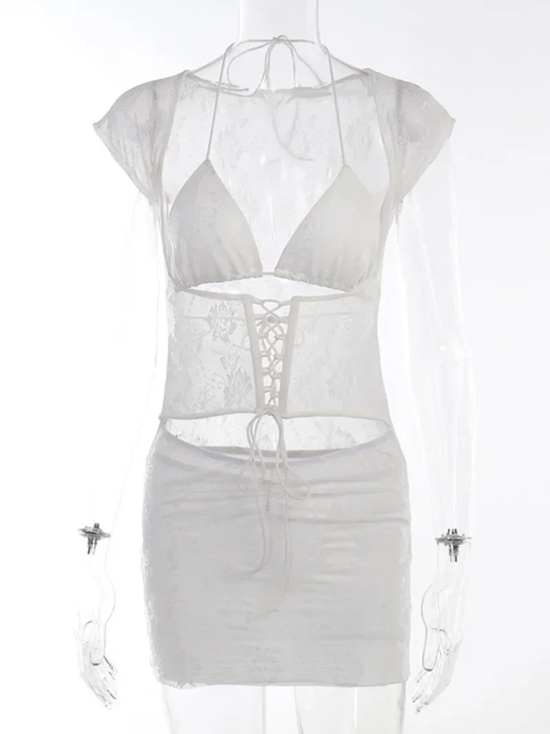 2024 Summer Hollow Out Halter Bandage Lace Dress