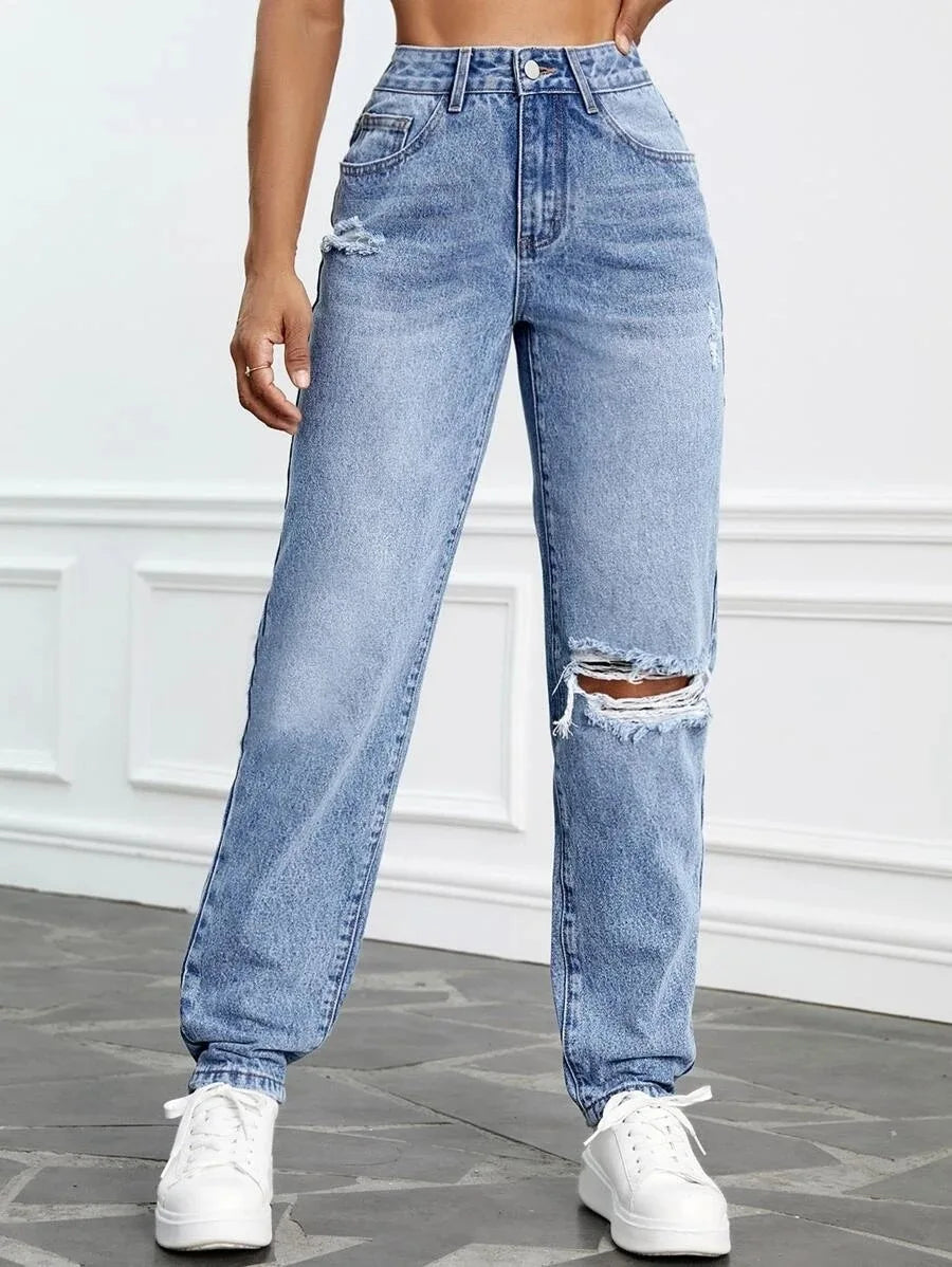 Women Casual Fashion High Streetwear Ripped Holes Denim Pants Female Vintage Trousers Jean