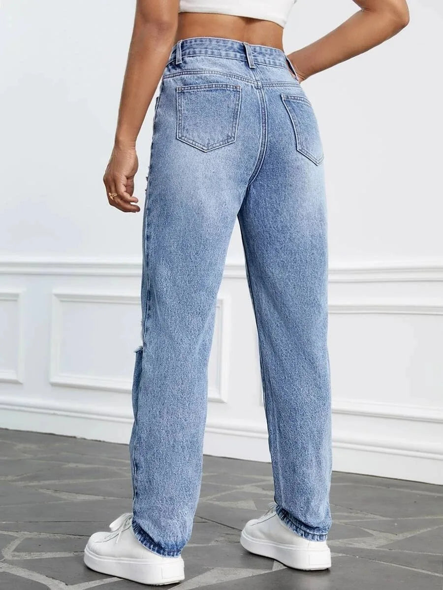 Women Casual Fashion High Streetwear Ripped Holes Denim Pants Female Vintage Trousers Jean