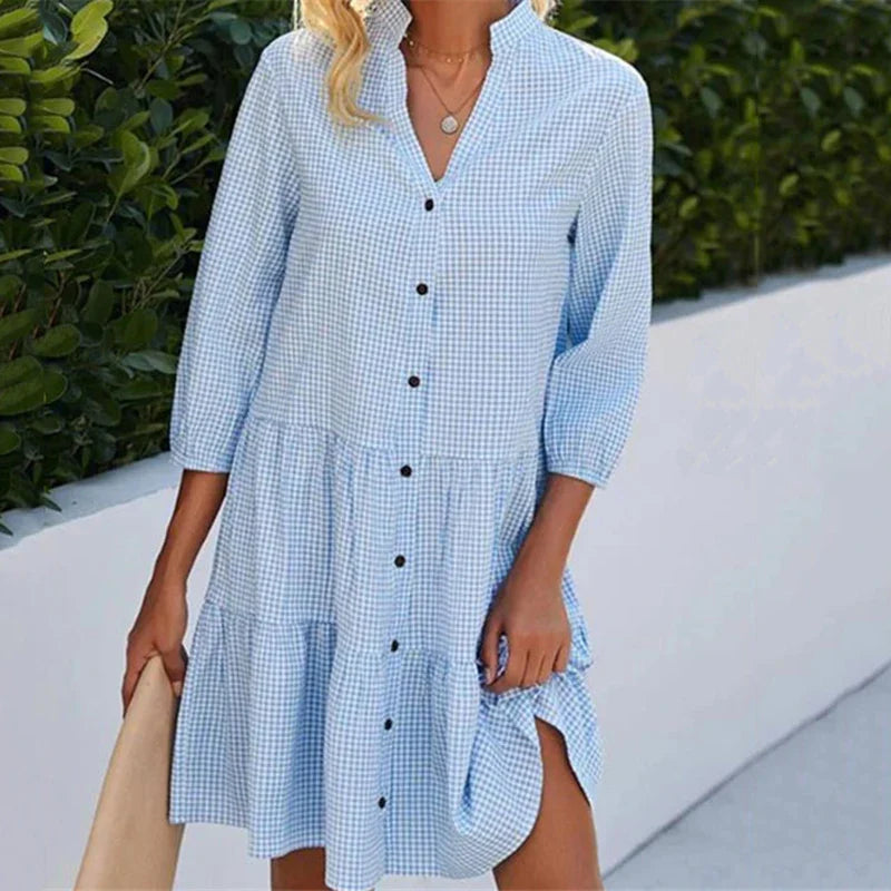 Women Beach Half Vneck Patchwork Button Fashion Casual Elegant Female Midi Dresses