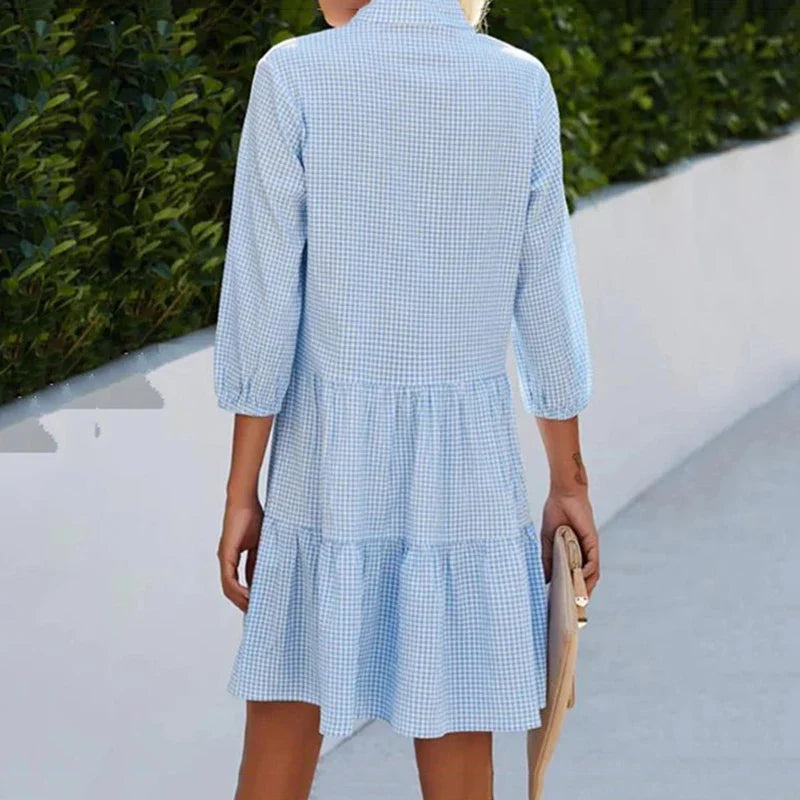 Women Beach Half Vneck Patchwork Button Fashion Casual Elegant Female Midi Dresses