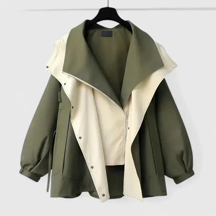Oversized Lapel Collar Contrast Zip-Up Drawstring Jacket