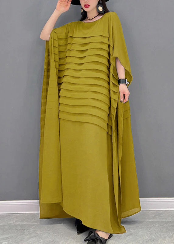 Casual Bohemian Green O-Neck Striped Chiffon Ankle Dress - Omychic