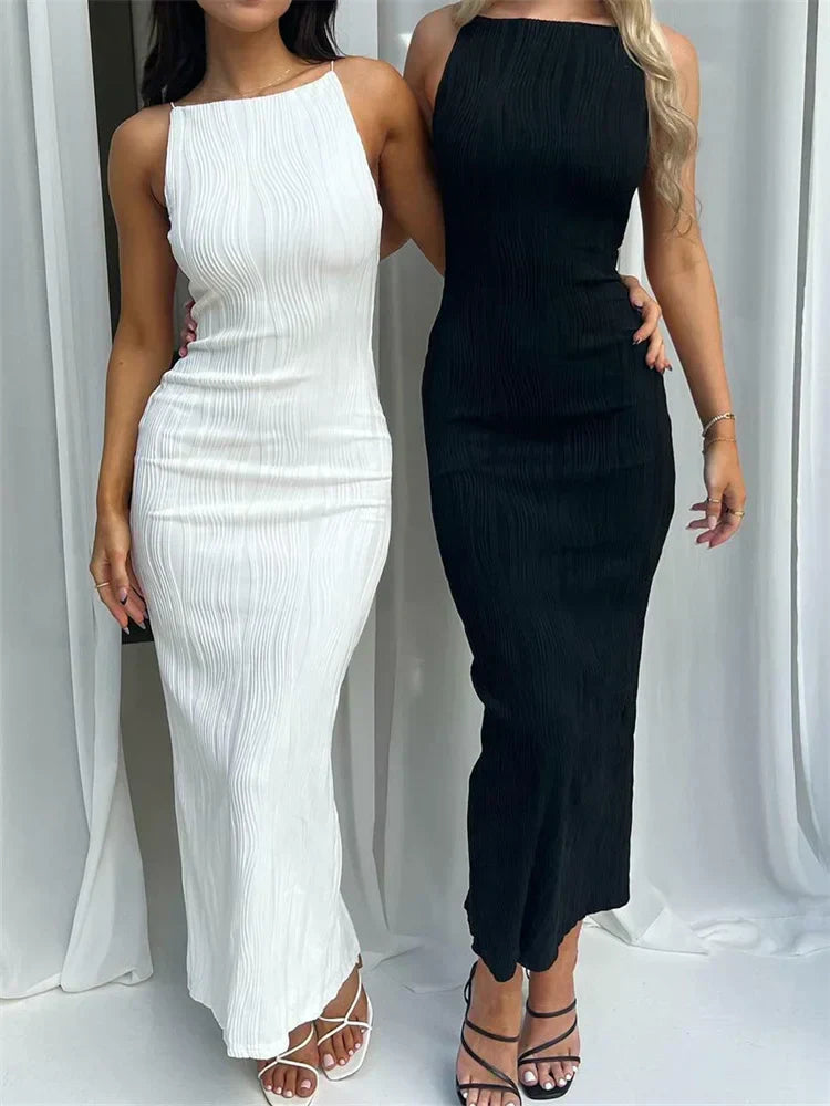 Women Long Ruched Sleeveless Slim Solid Summer Party Back Split Clubwear Female Maxi Dress