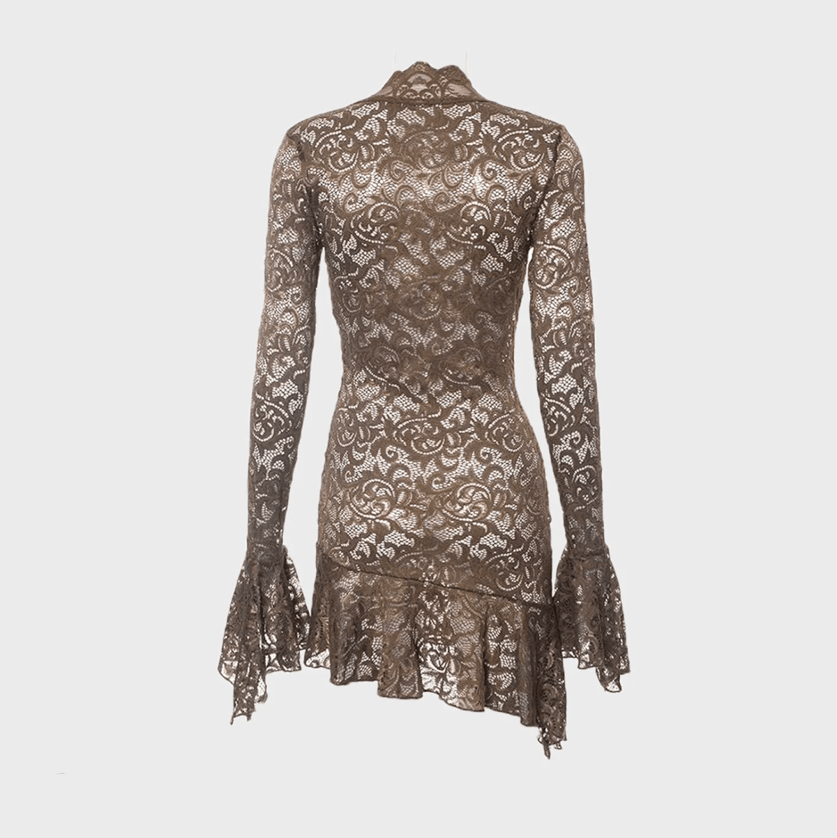 Plunge V-Neck Floral Lace Flare Sleeve Ruched Bodycon Mini Dress 10