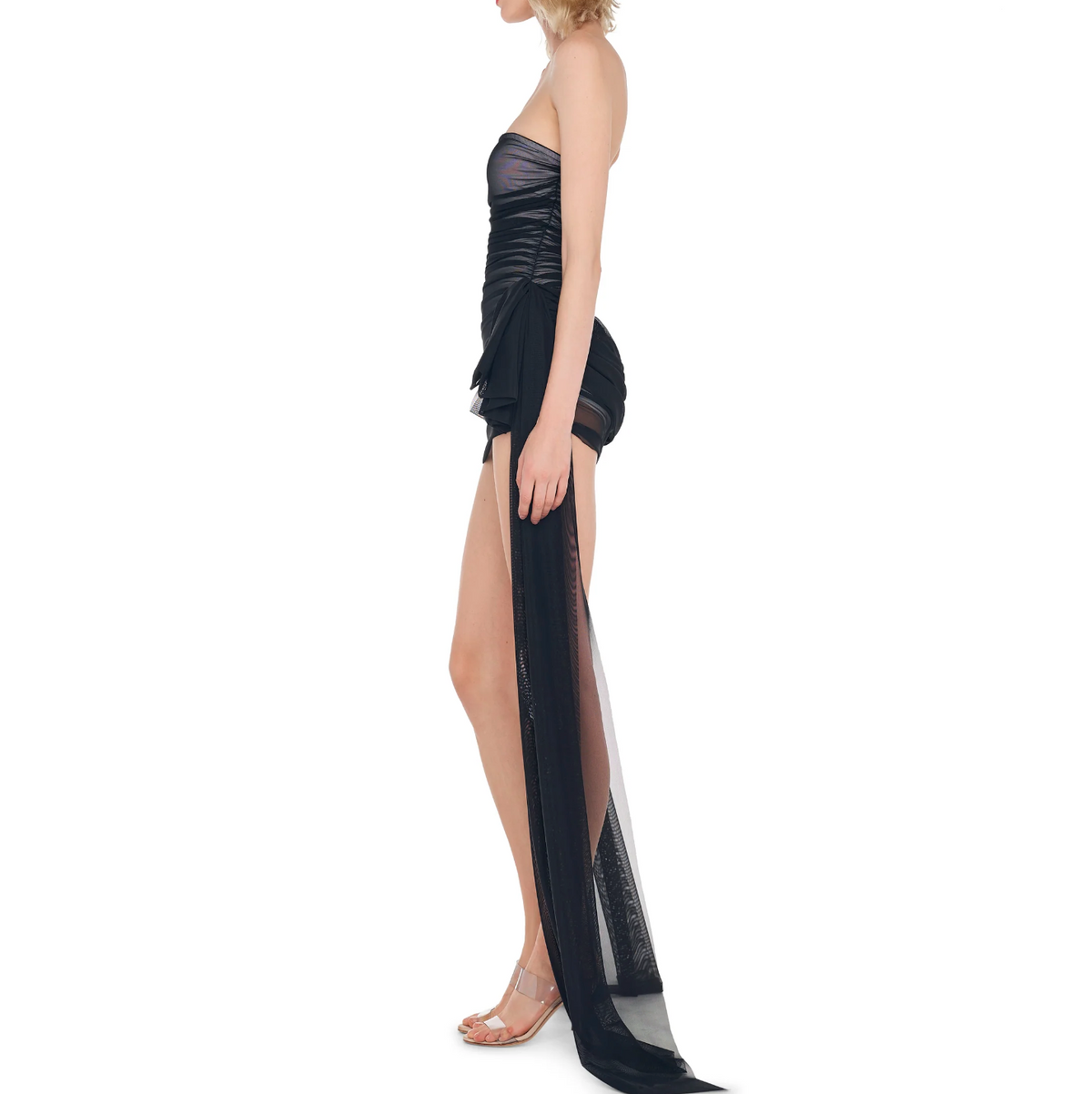 Strapless Sheer Mesh Ruched Draped Train Bodycon Mini Dress