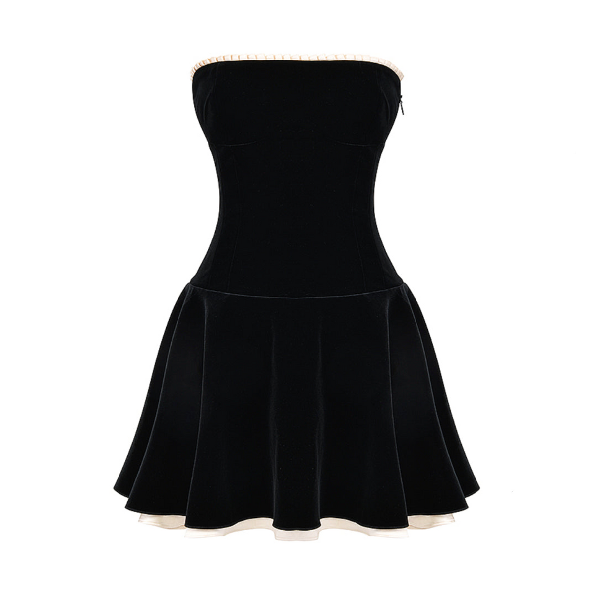 Black Strapless Contrast Trim Velvet Flared Skater Mini Dress