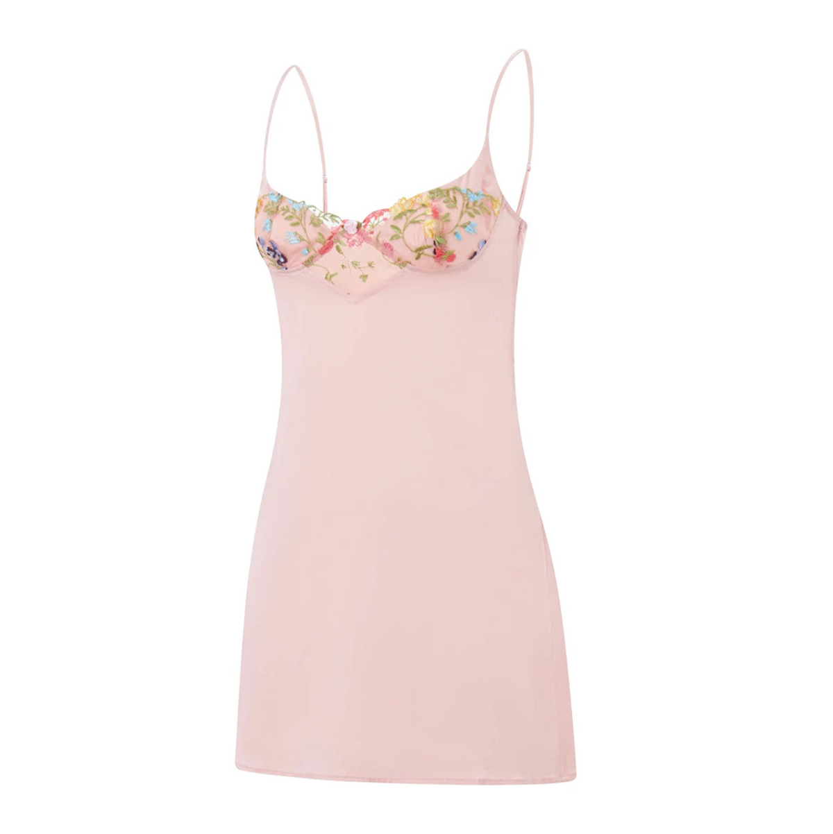 Pink Spaghetti Strap Floral Embroidery Mesh Satin Slip Mini Dress