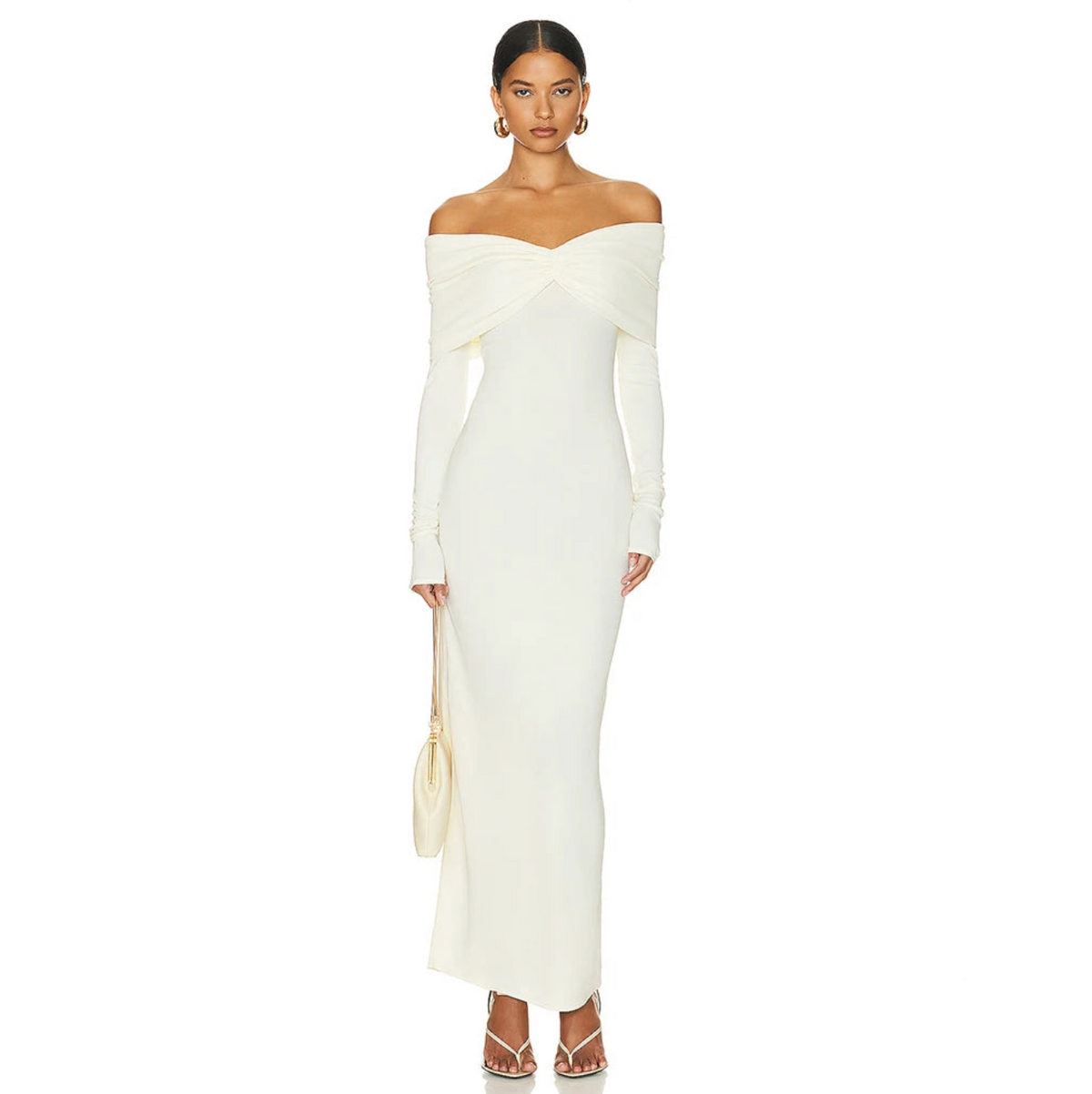 Off-Shoulder Twist Front Long Sleeve Ruched Bodycon Maxi Dress 8