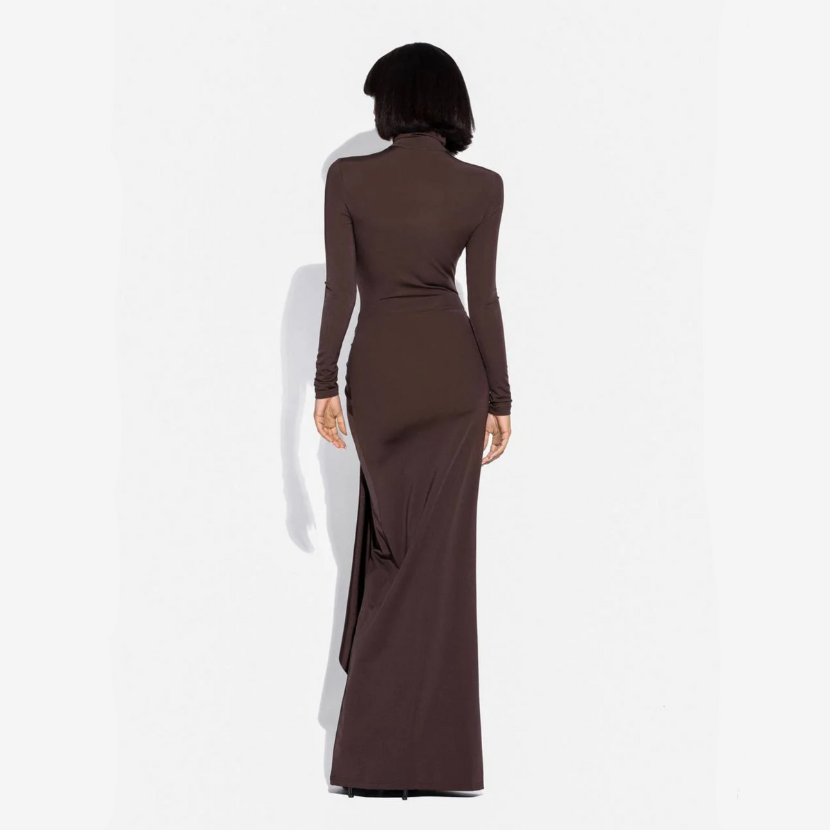 Turtleneck Long Sleeve Slinky Knot Front Bodycon Maxi Dress