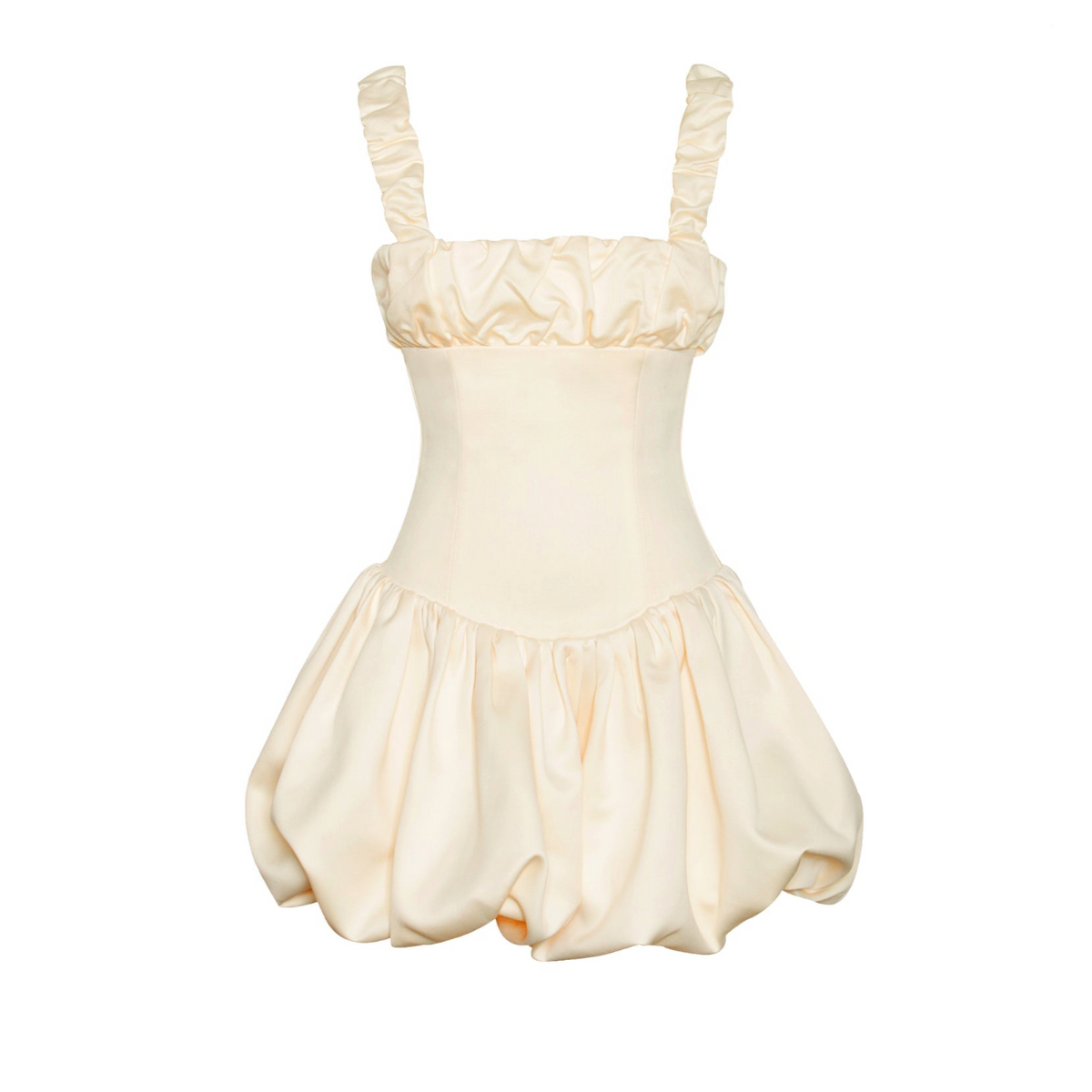 Square Neck Ruched Strap Corset Satin Bubble Hem Mini Dress