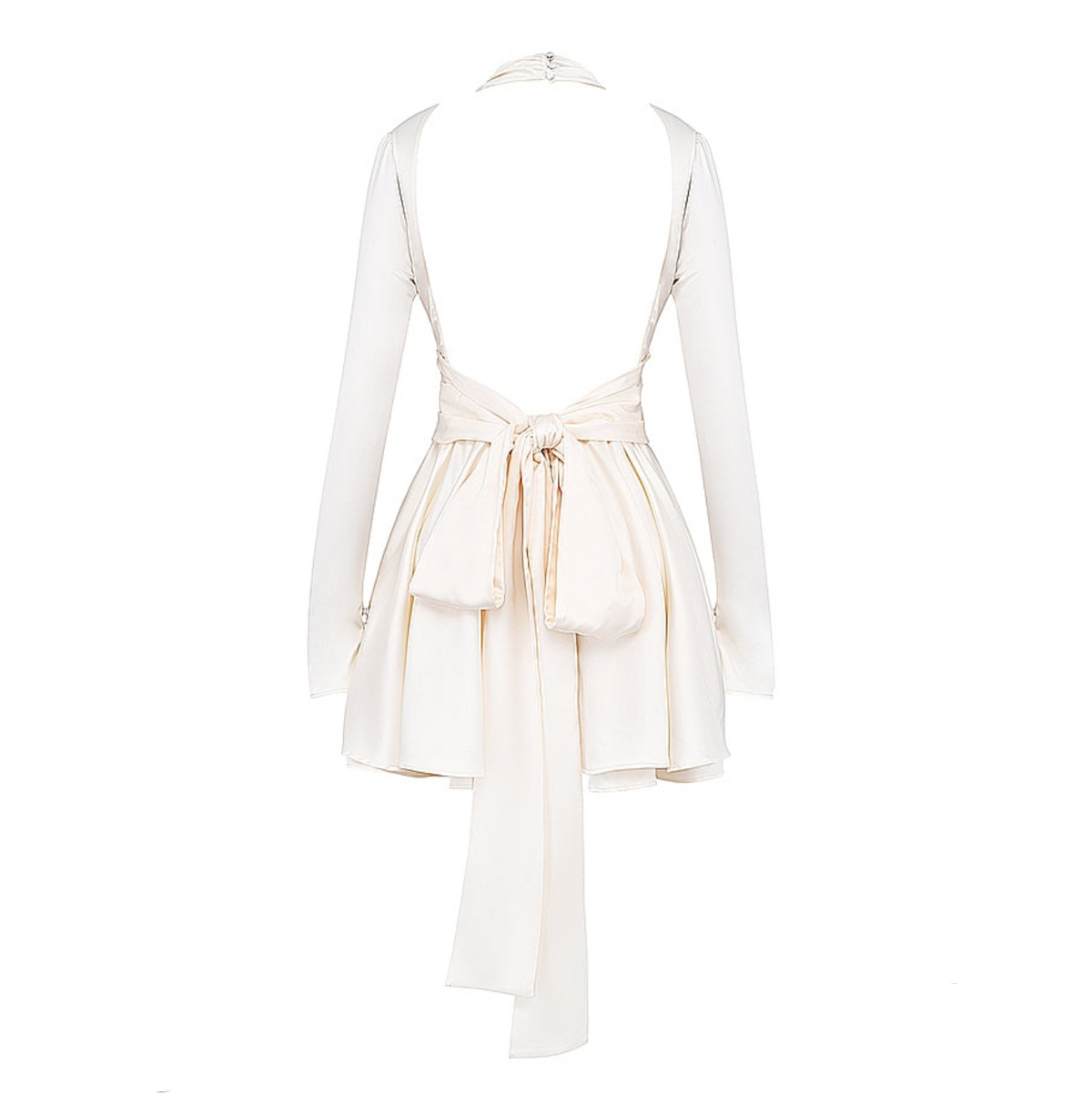 Ivory High Neck Keyhole Cutout Long Sleeve Satin Flared Mini Dress 12