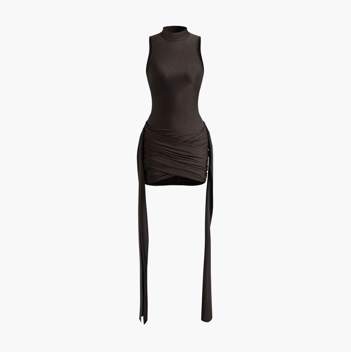 Brown Mock Neck Sleeveless Ruched Draped Bodycon Mini Dress 8