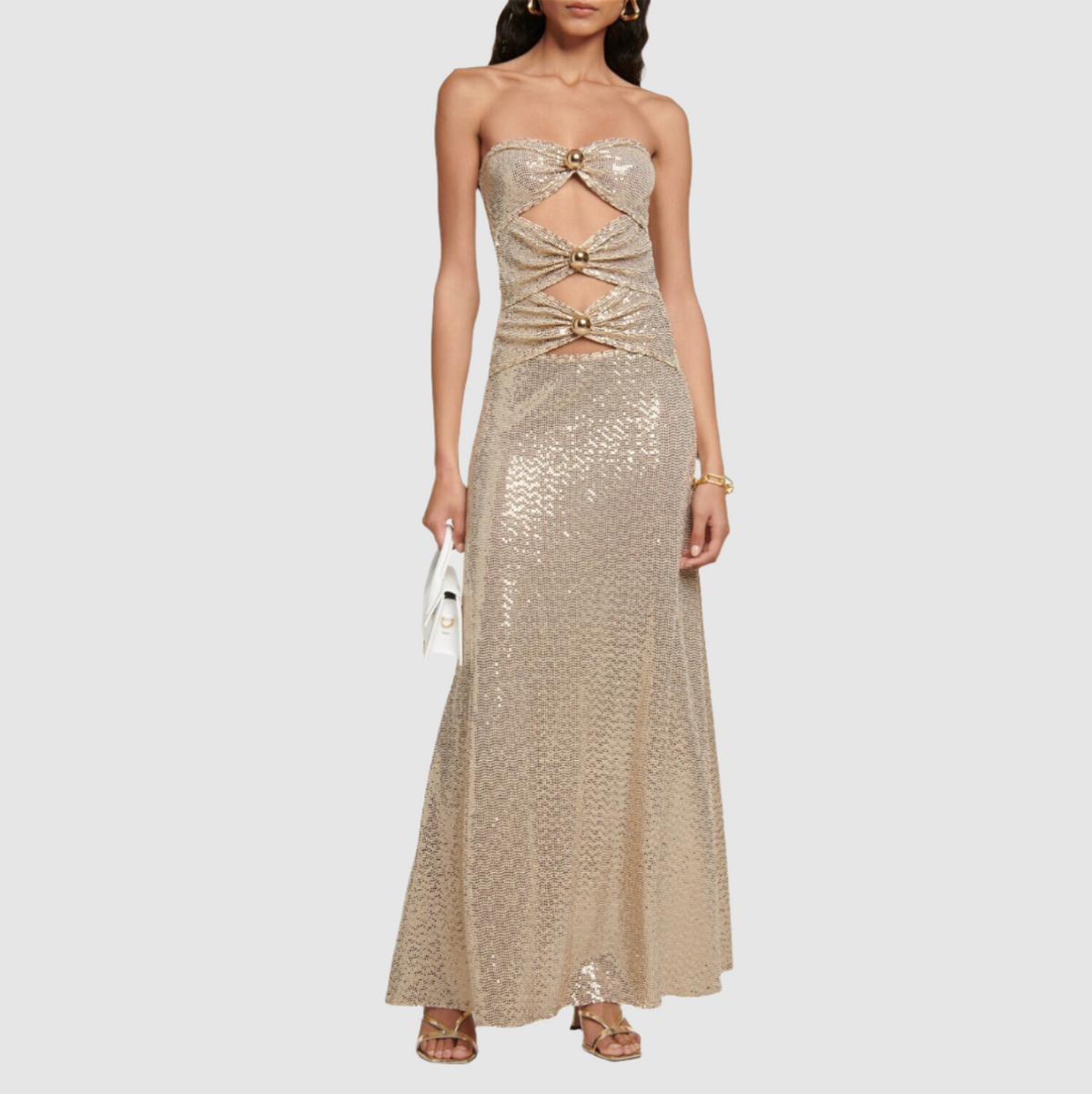 Gold Strapless Rhinestone Button Cutout Ruched Bodycon Maxi Dress