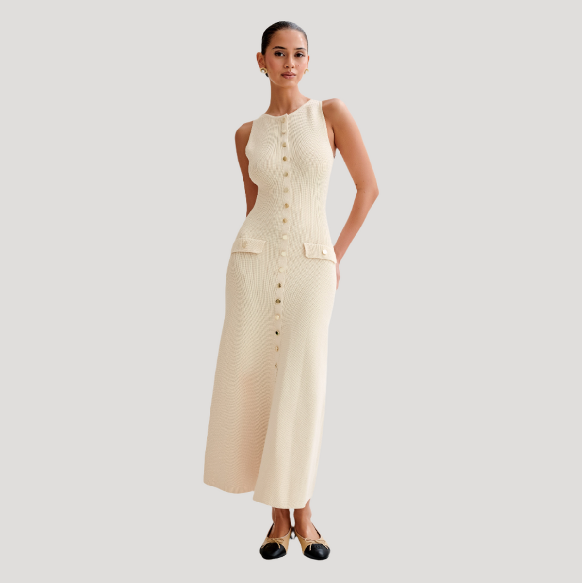 Scoop Neck Sleeveless Button Front Ribbed Knit Maxi Dress 9