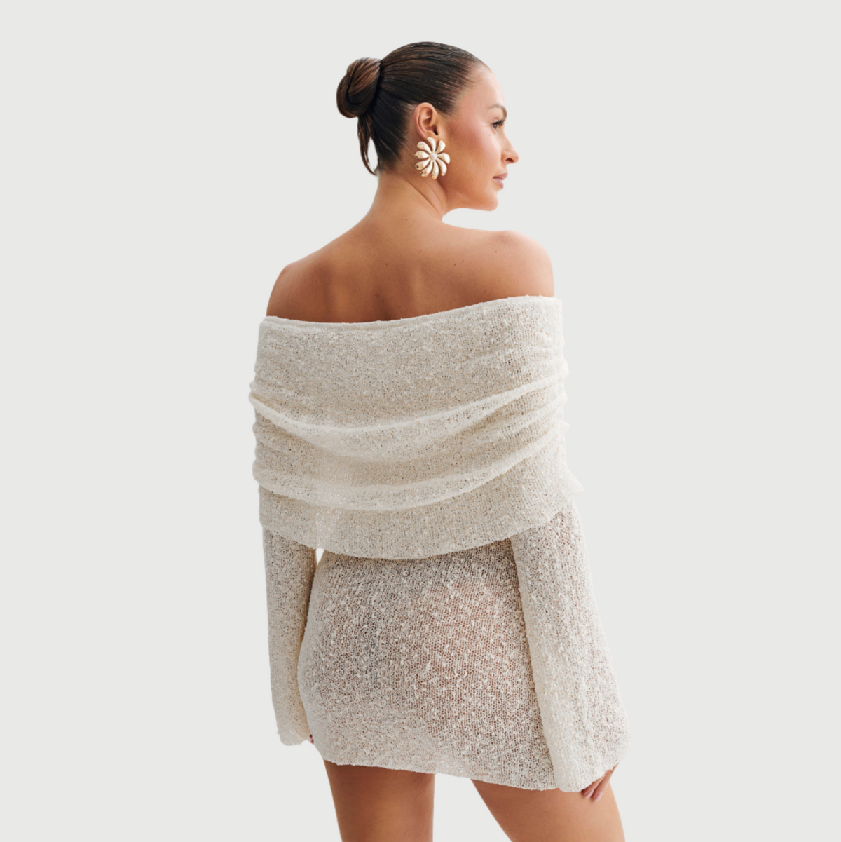 Off-Shoulder Foldover Textured Knit Long Sleeve Bodycon Mini Dress