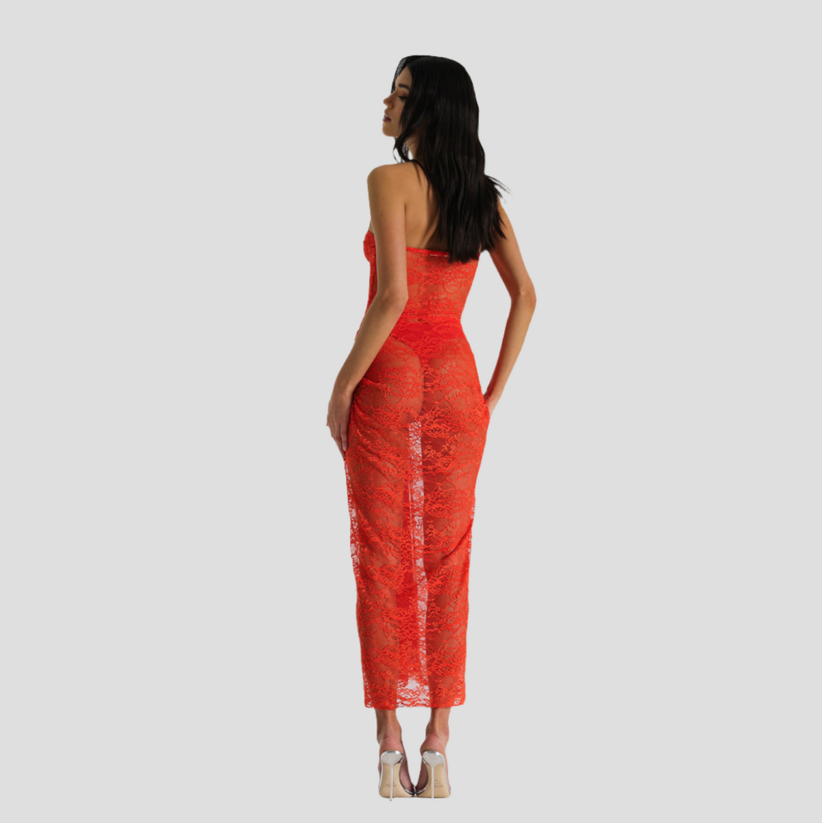 Strapless Sweetheart Sheer Lace Bodycon Maxi Dress