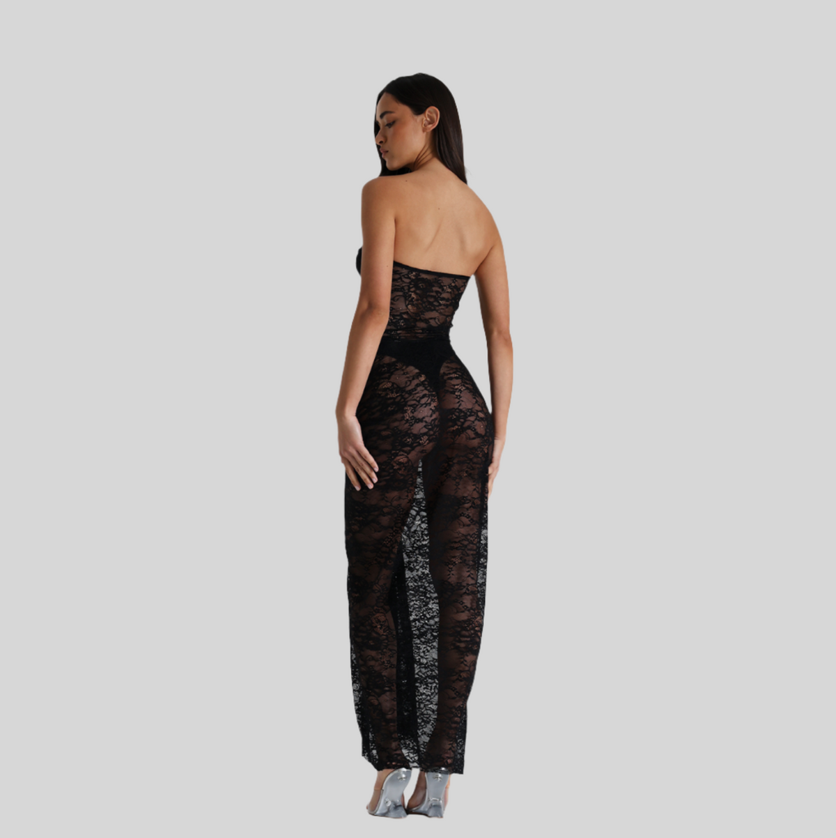 Strapless Sweetheart Sheer Lace Bodycon Maxi Dress
