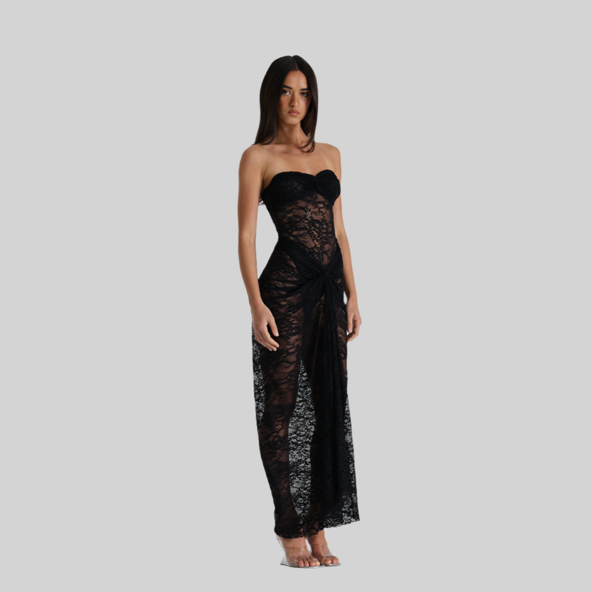 Strapless Sweetheart Sheer Lace Bodycon Maxi Dress