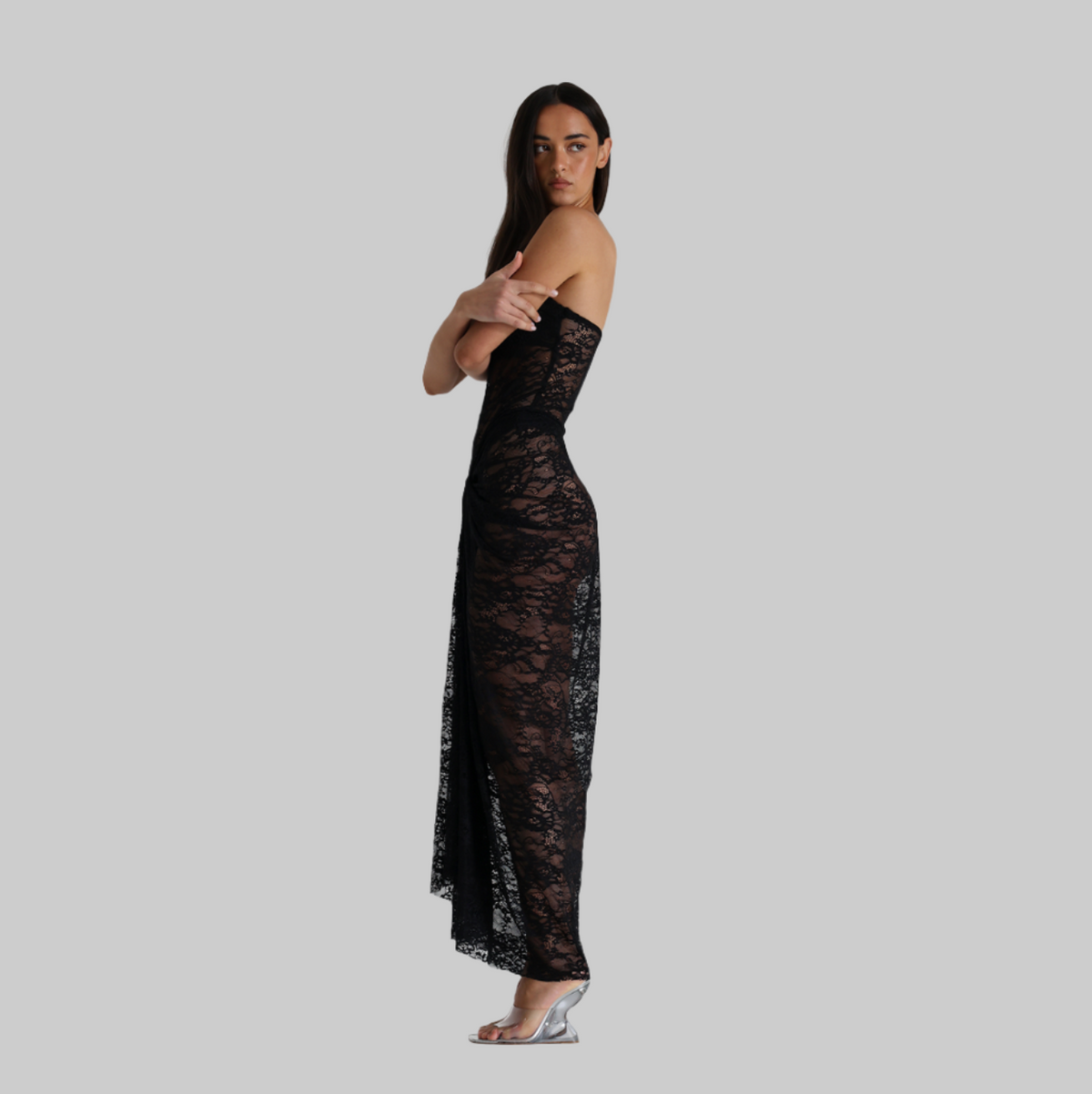 Strapless Sweetheart Sheer Lace Bodycon Maxi Dress