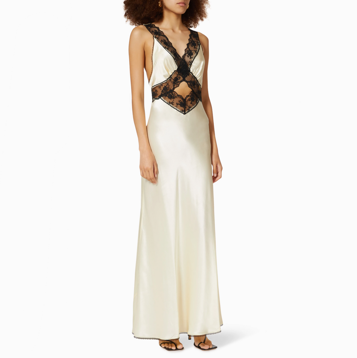 V-Neck Lace Trim Satin Cutout Slip Maxi Dress