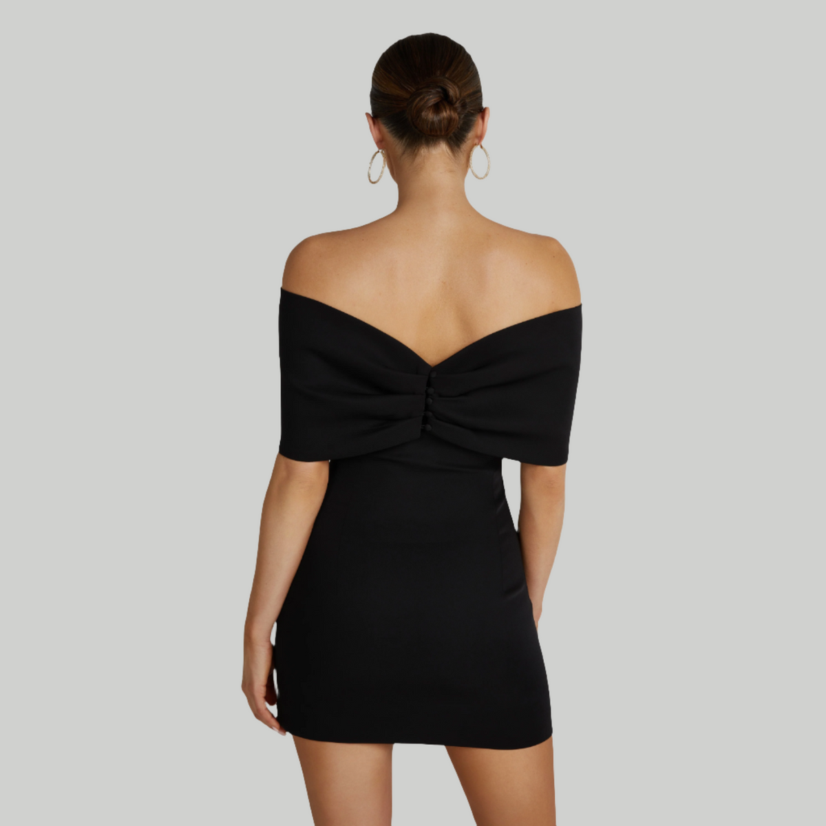 Off-Shoulder Twist Front Draped Satin Bodycon Mini Dress