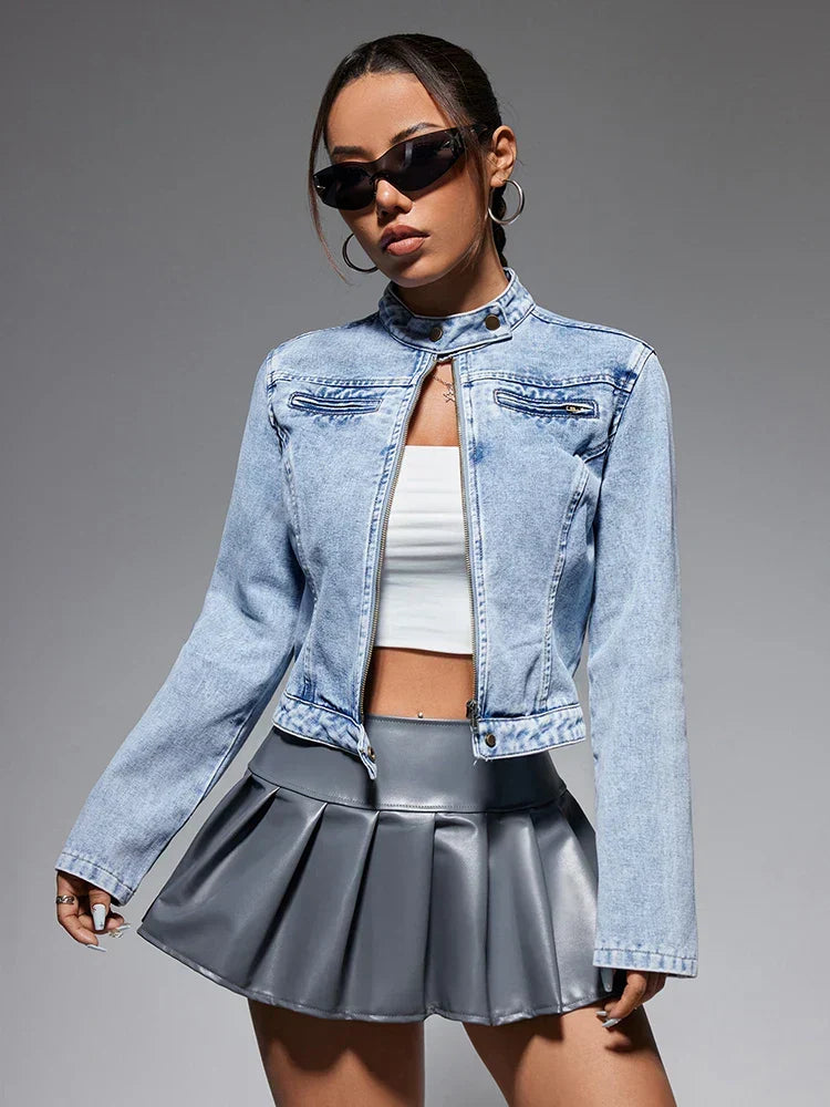 Streetwear Denim Cropped Gothic Button Ripped Bomber Long Sleeve Jacket Blue / Xs