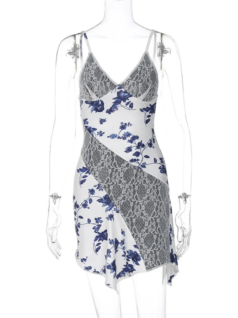 2024 Streetwear Women Sleeveless Backless Asymmetrical Lace Dress