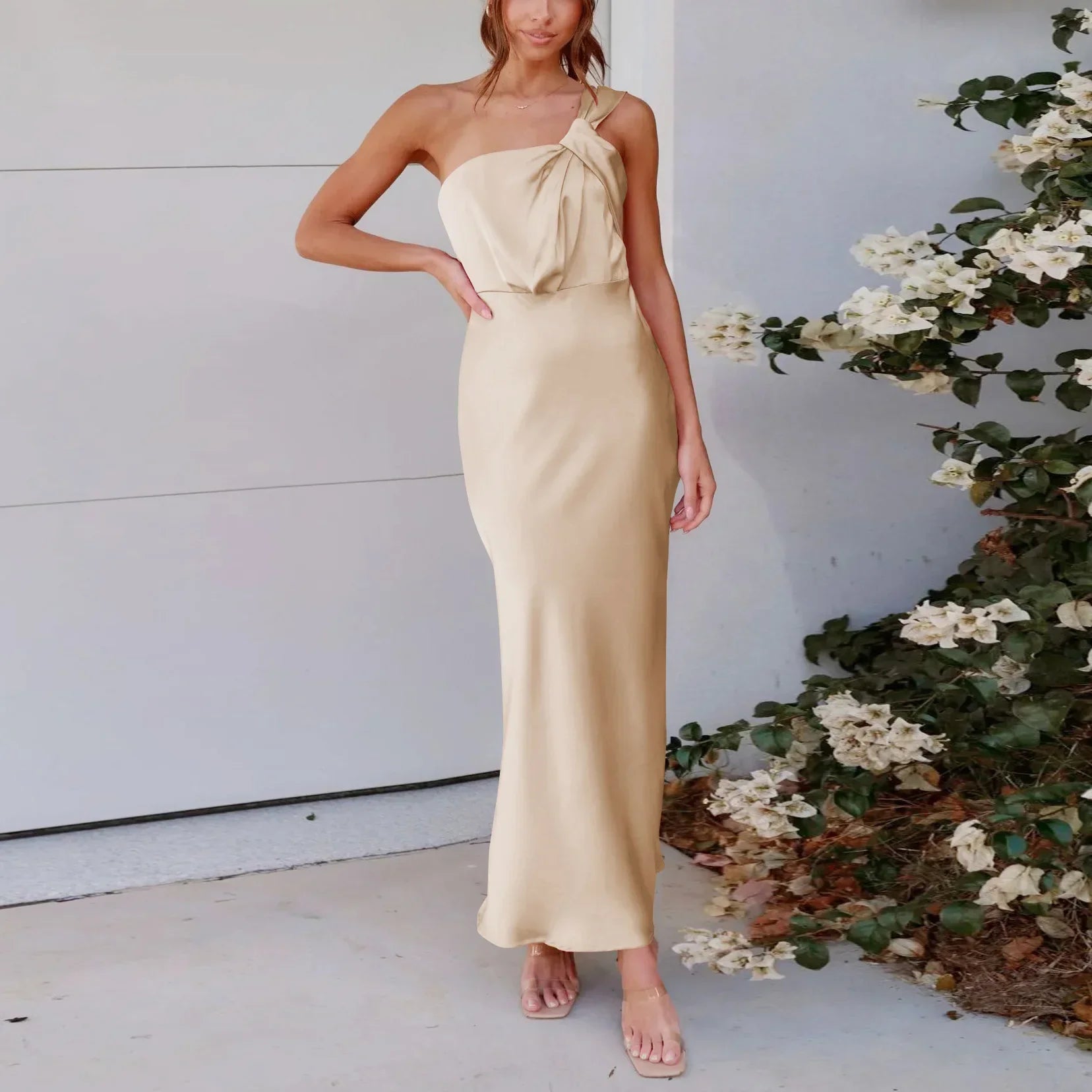 Elegant OneShoulder Satin French Slim Ladies Midi Dresses