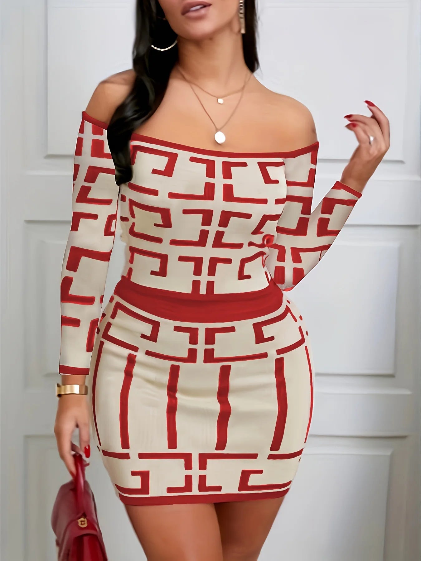 Sexy Geometric Print Twopiece Off Shoulder Top Slim Skirt