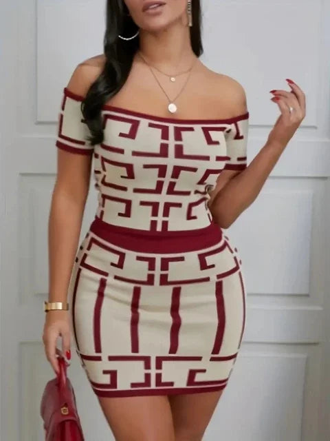 Sexy Geometric Print Twopiece Off Shoulder Top Slim Skirt