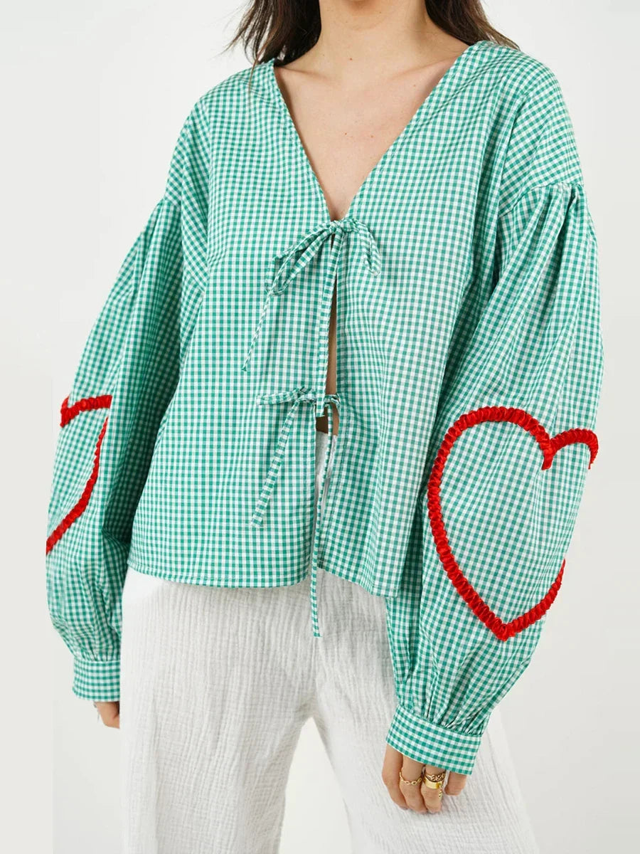 Plaid Heart Trim Tie-Up Blouse