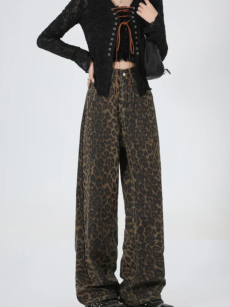 New Leopard Print Wide Leg Women High Waisted Fashion Streetwear Retro Y2K Denim Baggy Casual Straight Jean