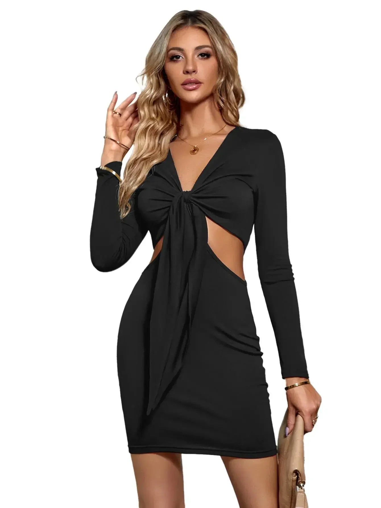 Mid Waist Split VNeck Elastic Outfits Solid Midi Dresses