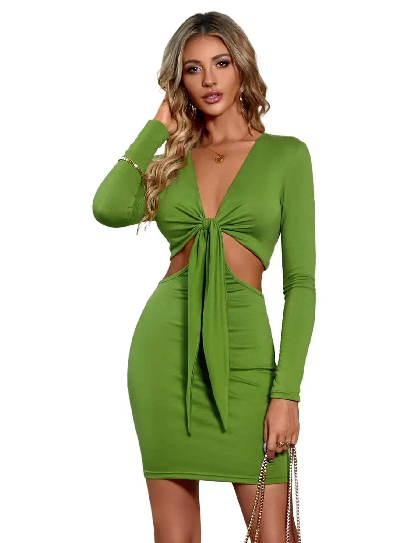 Mid Waist Split VNeck Elastic Outfits Solid Midi Dresses