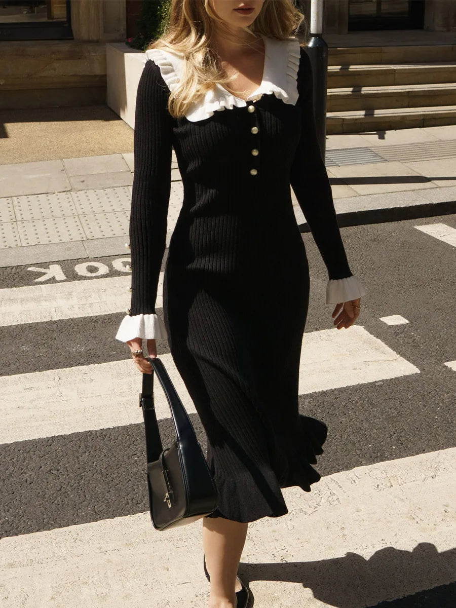Ruffled Longsleeved Vintage Highwaisted French Creamy White Midi Dresses