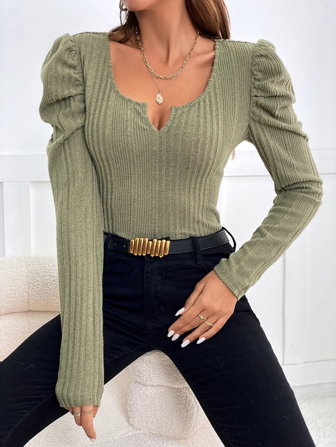 Solid Color Semi-Open Neck Autumn Slim Knit Top