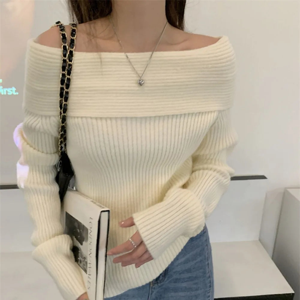 Sexy White Flatneck Feminine Collarbone Offshoulder Slimming Sweater