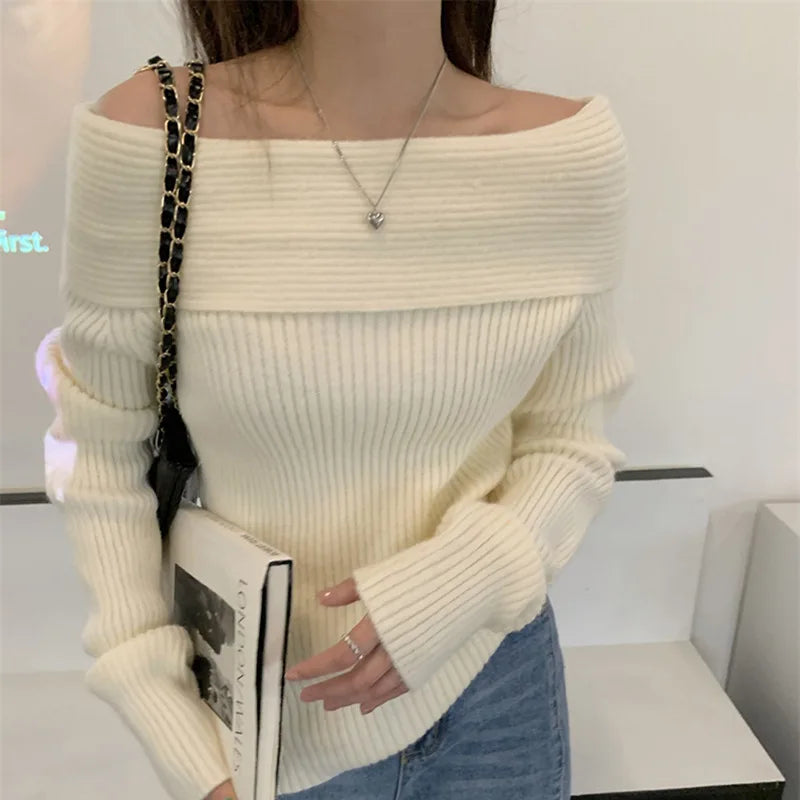 Sexy White Flatneck Feminine Collarbone Offshoulder Slimming Sweater