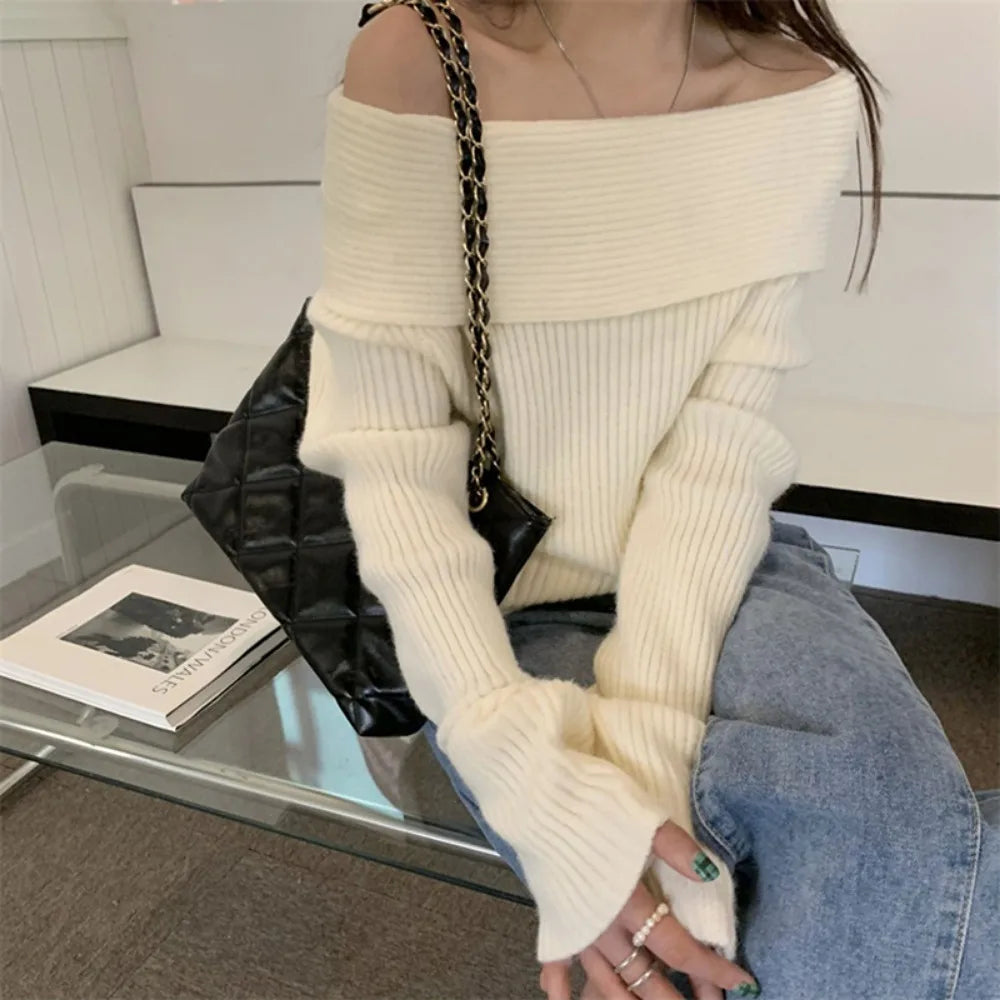 Sexy White Flatneck Feminine Collarbone Offshoulder Slimming Sweater
