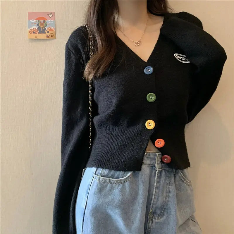 Colorful V-Neck Loose Long Sleeve Casual Knit Cardigan Black / S cardiagn-250126
