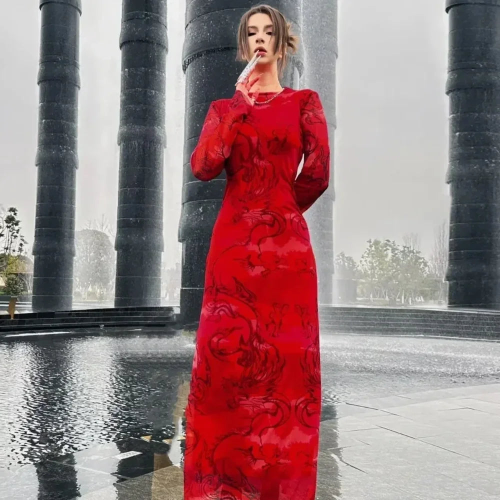 Versatile Limited Printed Screen Dress Women's Fashion Style Year Loong Party Dress