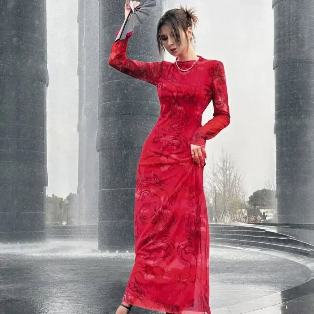 Versatile Limited Printed Screen Dress Women's Fashion Style Year Loong Party Dress