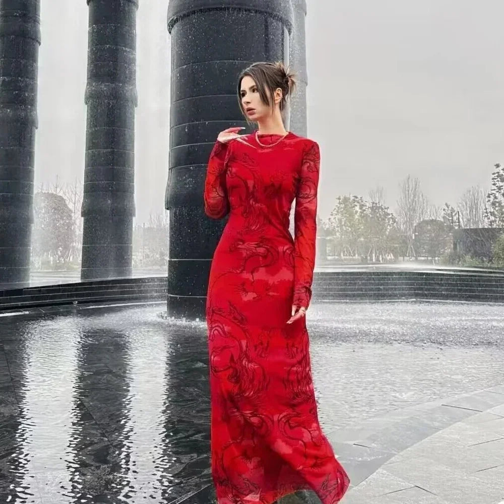 Versatile Limited Printed Screen Dress Women's Fashion Style Year Loong Party Dress