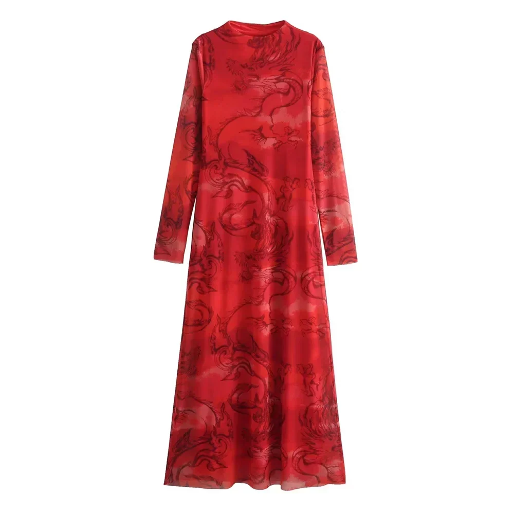 Versatile Limited Printed Screen Dress Women’s Fashion Style Year Loong Christmas Party Red / S