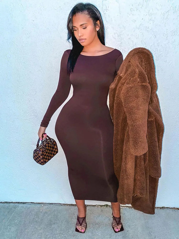 Spring Sexy Backless Elegant Evening Club Birthday Brown Long Midi Dresses
