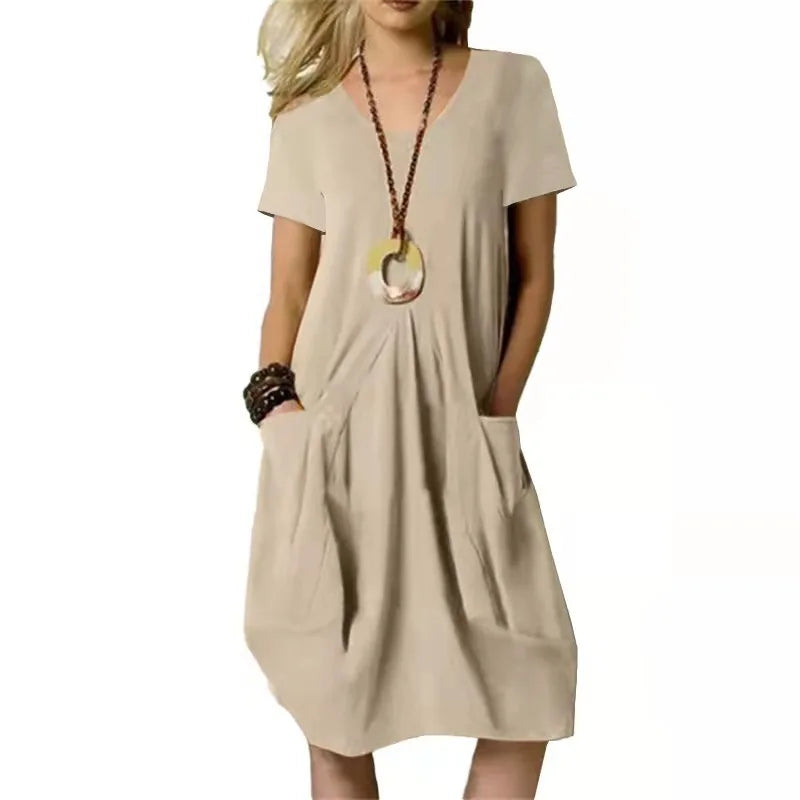 Roundneck Hot Solid Loose Pocket Design Women Midi Dresses